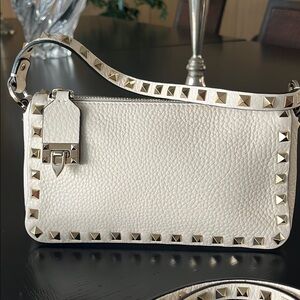 White Studded Leather Shoulder Bag - Women